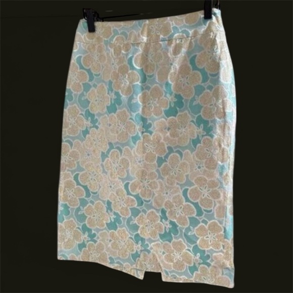Antonio Melanie Metallic Pencil Skirt Women’s Size 0 Teal Gold Floral Brocade - Picture 1 of 9